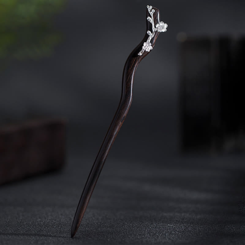 Buddha Stones 925 Sterling Silver Classical Chinese Style Ebony Plum Blossom Blessing Hairpin - image 7