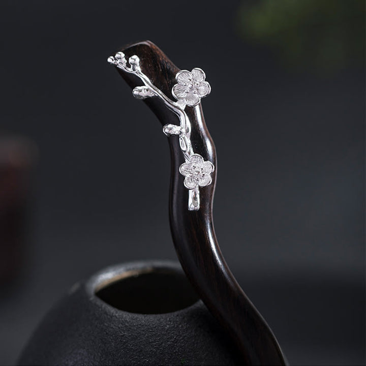 Buddha Stones 925 Sterling Silver Classical Chinese Style Ebony Plum Blossom Blessing Hairpin - image 1