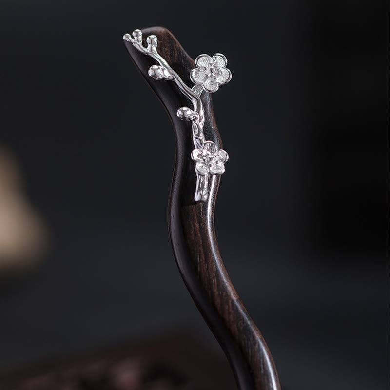 Buddha Stones 925 Sterling Silver Classical Chinese Style Ebony Plum Blossom Blessing Hairpin - image 9