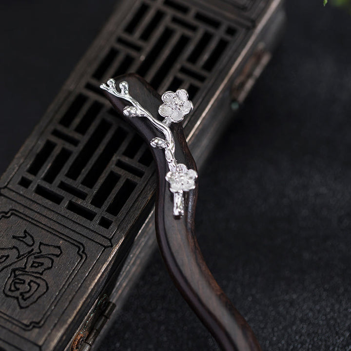 Buddha Stones 925 Sterling Silver Classical Chinese Style Ebony Plum Blossom Blessing Hairpin - image 2