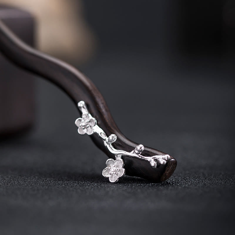 Buddha Stones 925 Sterling Silver Classical Chinese Style Ebony Plum Blossom Blessing Hairpin - Plum Blossom Ebony Hairpin - image 0