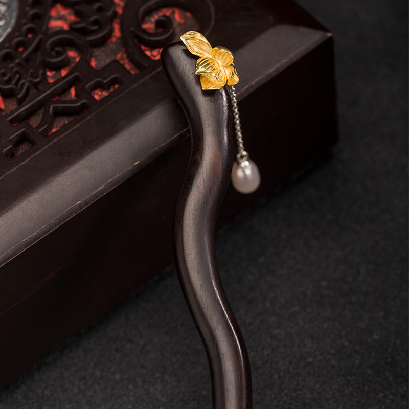 Buddha Stones 925 Sterling Silver Classical Chinese Style Ebony Lotus Flower Pearl Tassel Blessing Hairpin - image 1