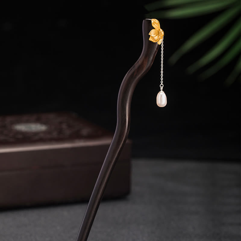 Buddha Stones 925 Sterling Silver Classical Chinese Style Ebony Lotus Flower Pearl Tassel Blessing Hairpin - image 3