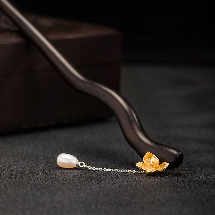 Buddha Stones 925 Sterling Silver Classical Chinese Style Ebony Lotus Flower Pearl Tassel Blessing Hairpin - image 9