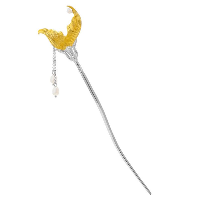 Buddha Stones 925 Sterling Silver Classical Chinese Style Fish Tail Pearl Tassel Calm Hairpin - image 9