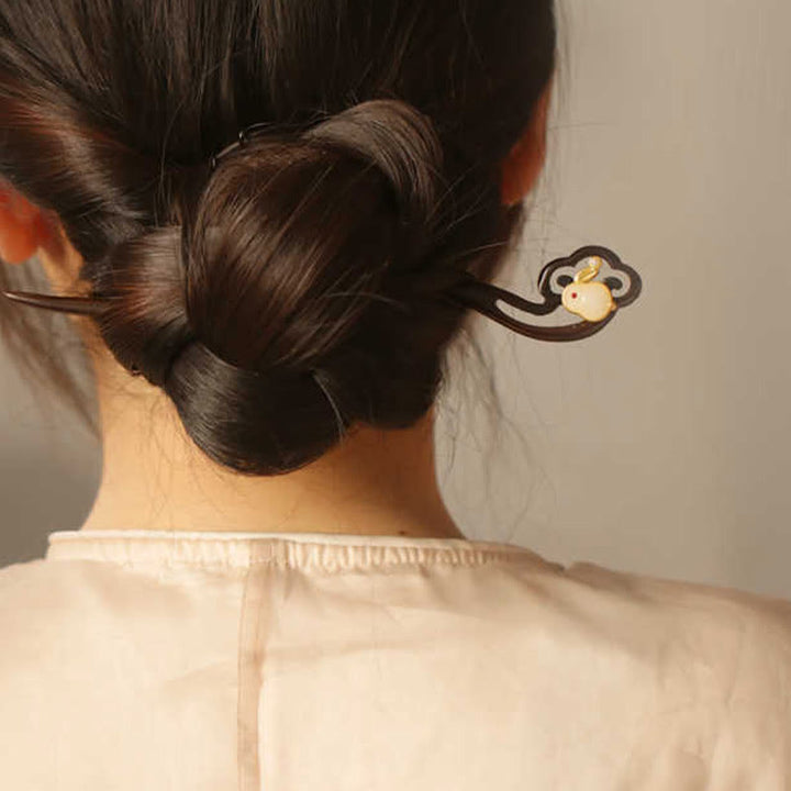 Buddha Stones Auspicious Cloud Sandalwood Rabbit Protection Hairpin - image 9