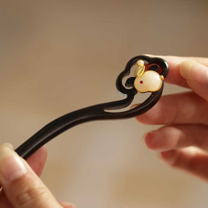 Buddha Stones Auspicious Cloud Sandalwood Rabbit Protection Hairpin - image 2