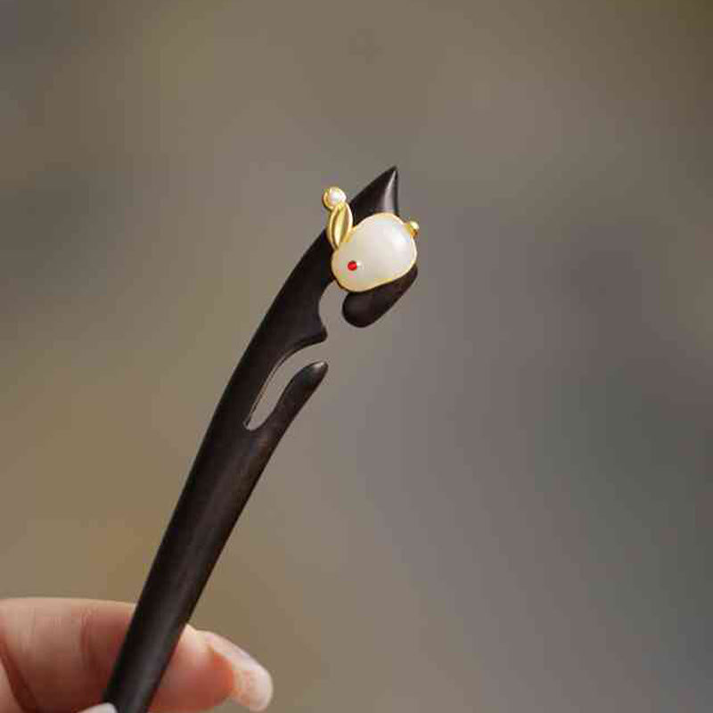 Buddha Stones Auspicious Cloud Sandalwood Rabbit Protection Hairpin - Graceful Rabbit White - image 29