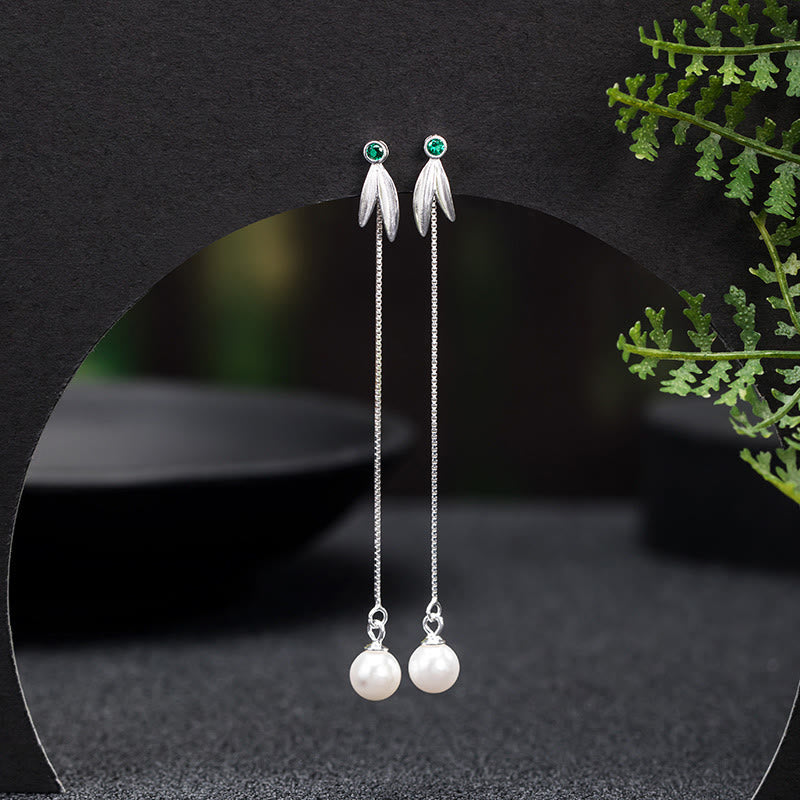 Buddha Stones 925 Sterling Silver Zircon Pearl Bamboo Leaves Protection Drop Earrings - Bamboo Leaves Earrings - image 0