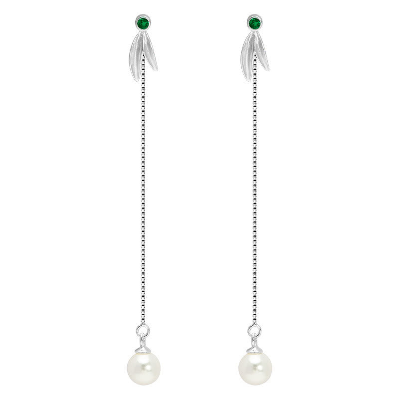 Buddha Stones 925 Sterling Silver Zircon Pearl Bamboo Leaves Protection Drop Earrings - image 7