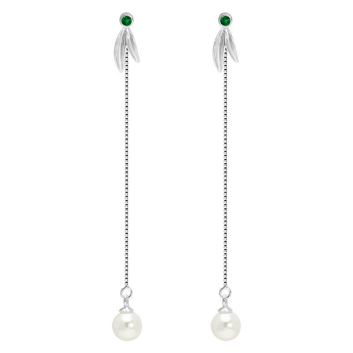 Buddha Stones 925 Sterling Silver Zircon Pearl Bamboo Leaves Protection Drop Earrings - image 7