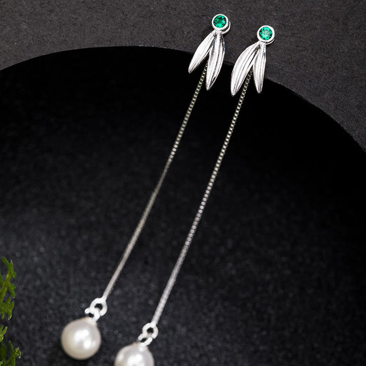 Buddha Stones 925 Sterling Silver Zircon Pearl Bamboo Leaves Protection Drop Earrings - image 1