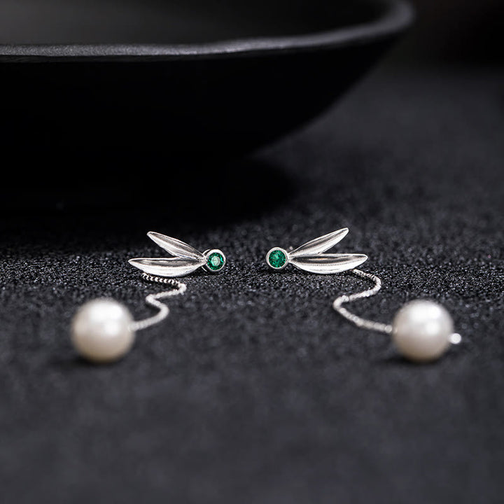 Buddha Stones 925 Sterling Silver Zircon Pearl Bamboo Leaves Protection Drop Earrings - image 6