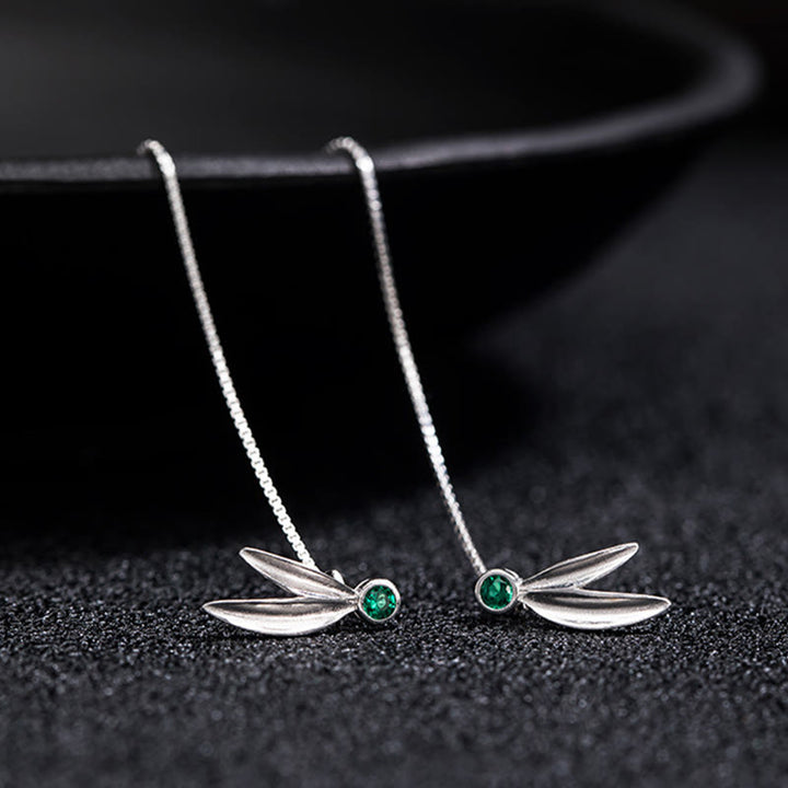 Buddha Stones 925 Sterling Silver Zircon Pearl Bamboo Leaves Protection Drop Earrings - image 4