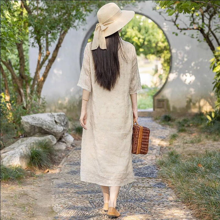 Buddha Stones Casual Embroidered Slant Collar Stand Collar Half Sleeve Design Ramie Midi Dress With Pockets - image 2