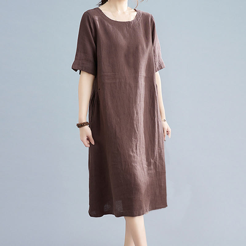 Buddha Stones Casual Loose Solid Color Cotton Linen Crew Neck Half Sleeve Design Midi Dress With Pockets - image 8