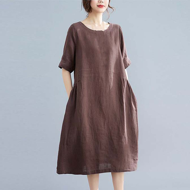 Buddha Stones Casual Loose Solid Color Cotton Linen Crew Neck Half Sleeve Design Midi Dress With Pockets - image 10