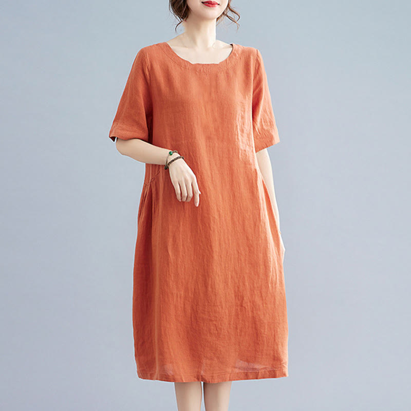 Buddha Stones Casual Loose Solid Color Cotton Linen Crew Neck Half Sleeve Design Midi Dress With Pockets - image 15
