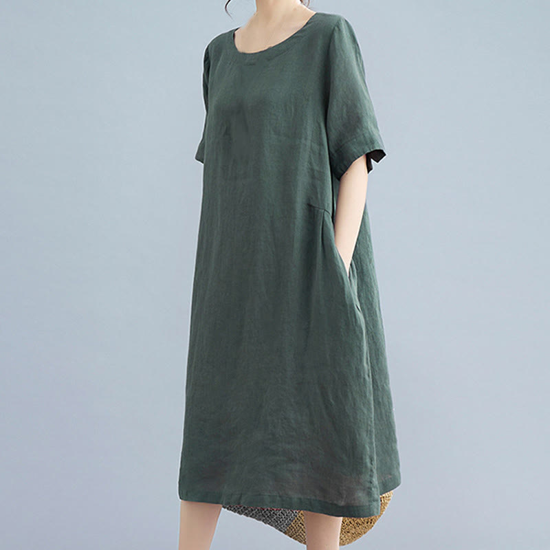 Buddha Stones Casual Loose Solid Color Cotton Linen Crew Neck Half Sleeve Design Midi Dress With Pockets - image 3