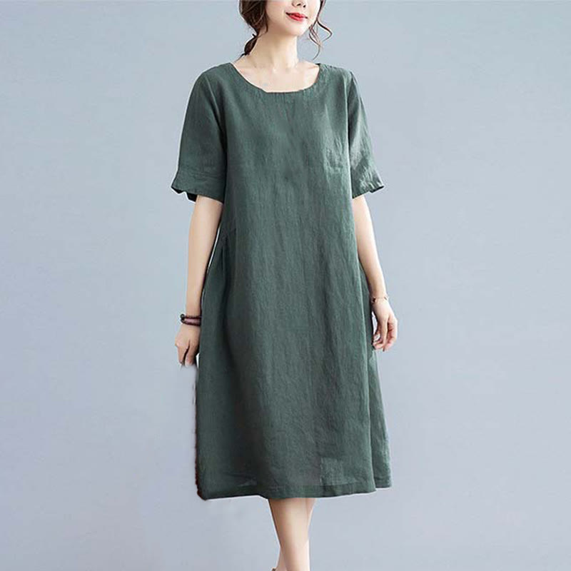 Buddha Stones Casual Loose Solid Color Cotton Linen Crew Neck Half Sleeve Design Midi Dress With Pockets - image 4