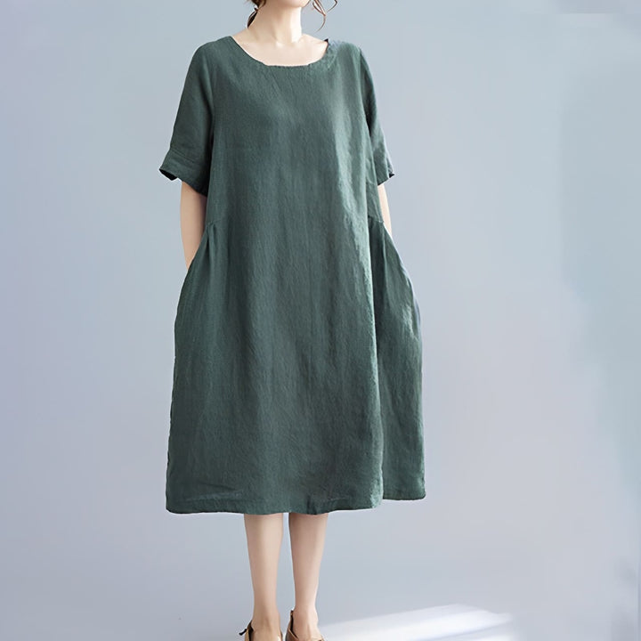 Buddha Stones Casual Loose Solid Color Cotton Linen Crew Neck Half Sleeve Design Midi Dress With Pockets - image 5
