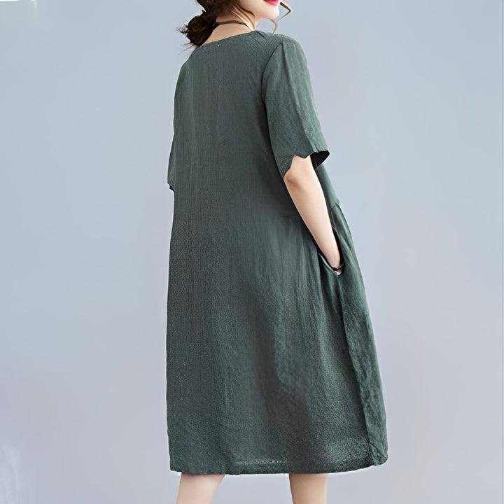 Buddha Stones Casual Loose Solid Color Cotton Linen Crew Neck Half Sleeve Design Midi Dress With Pockets - image 2