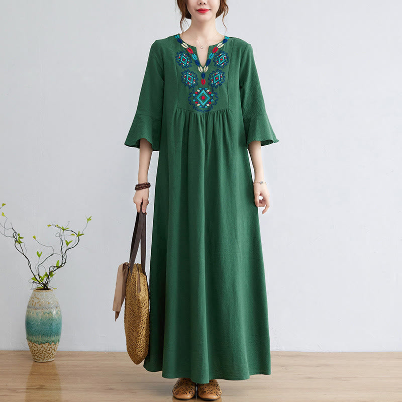 Buddha Stones Casual Embroidered Flower Pattern V-neck Three Quarter Sleeve Design Cotton Linen Midi Dress - image 18
