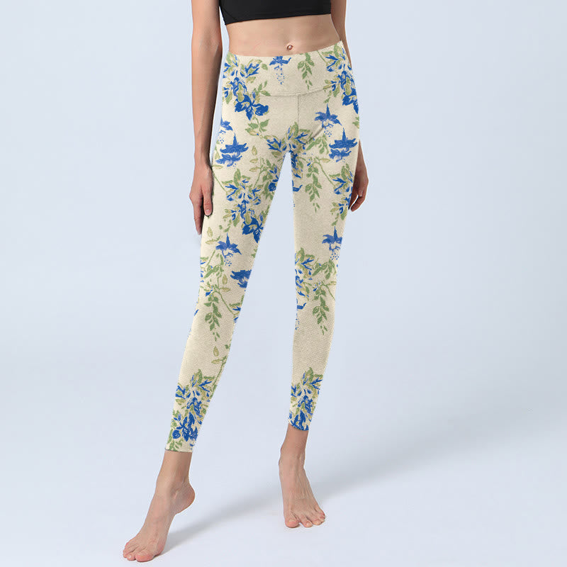 Buddha Stones Casual Dark Blue Flower Leaves Print Gym Fitness Leggings Women's Yoga Pants - image 6