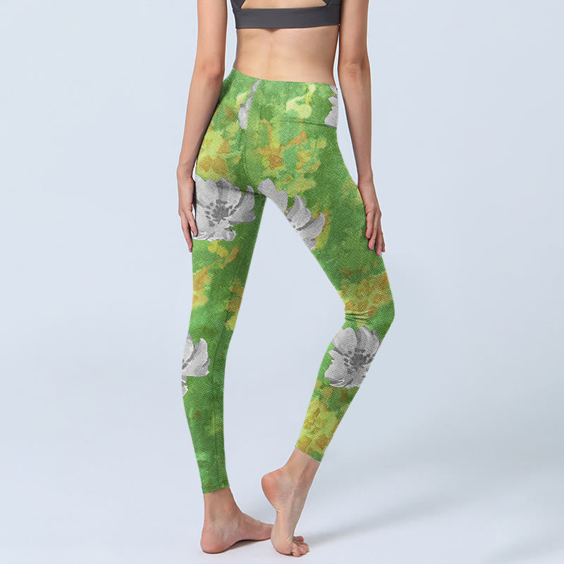 Buddha Stones Yellow-green Gray Flowers Print Sports Fitness Leggings Women's Yoga Pants - image 5