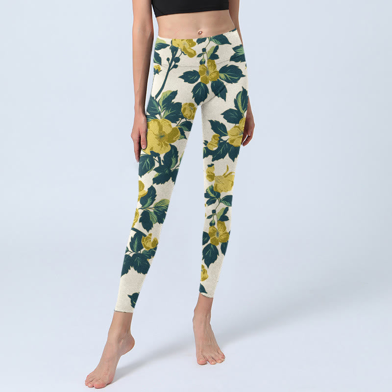 Buddha Stones Yellow Flowers Green Leaves Print Gym Fitness Leggings Women's Yoga Pants - image 6
