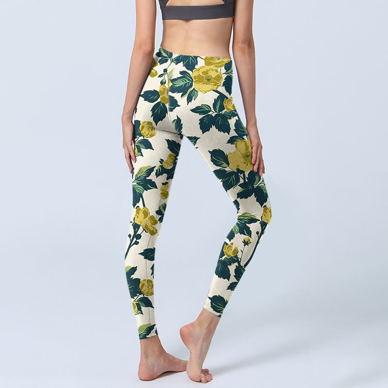 Buddha Stones Yellow Flowers Green Leaves Print Gym Fitness Leggings Women's Yoga Pants - image 5