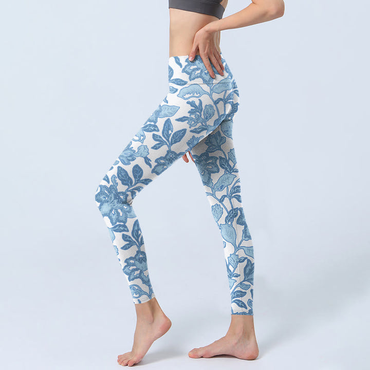 Buddha Stones Pale Blue Flowers Leaves Print Sports Fitness Leggings Women's Yoga Pants - image 3