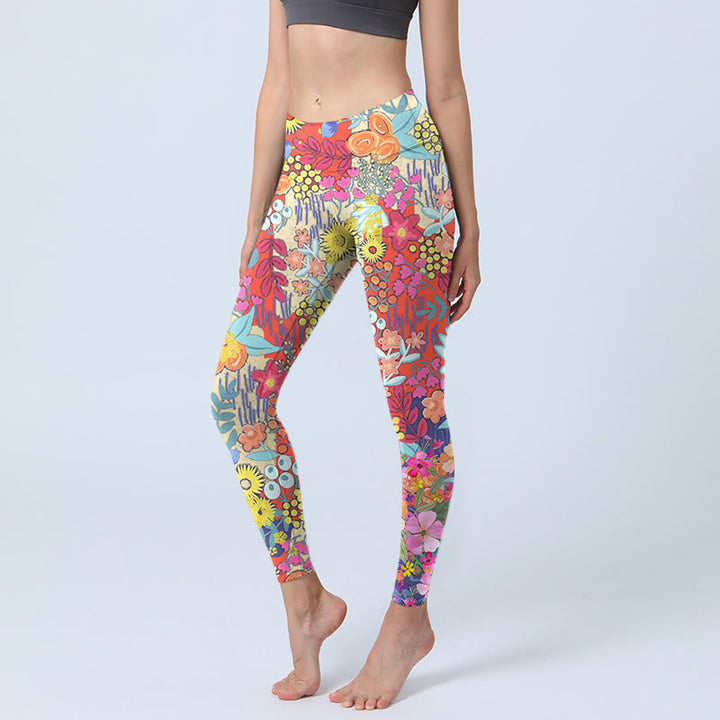 Buddha Stones Colorful Flowers Leaves Print Gym Fitness Leggings Women's Yoga Pants - PaleVioletRed - US18，UK/AU22，EU50 (4XL) - image 1