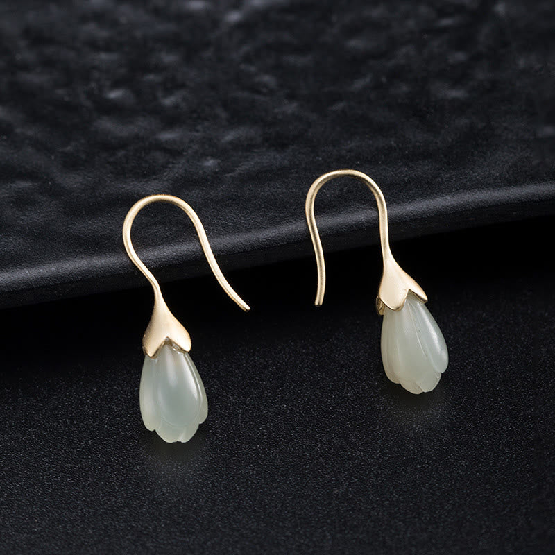Buddha Stones 925 Sterling Silver Hetian Jade Magnolia Abundance Drop Earrings - image 2