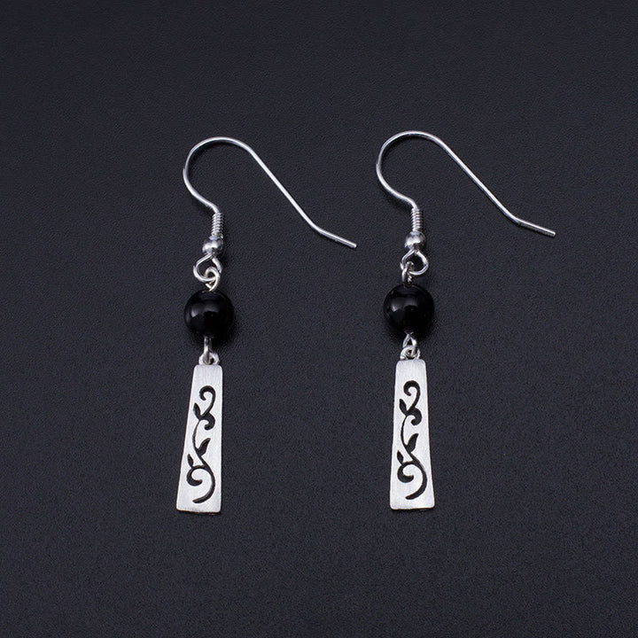 Buddha Stones 925 Sterling Silver Black Onyx Hollow Vine Protection Drop Earrings - 925 Sterling Silver - image 0