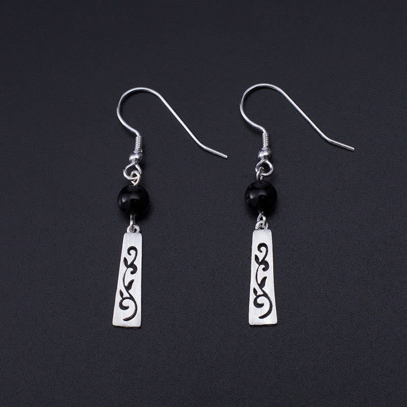 Buddha Stones 925 Sterling Silver Black Onyx Hollow Vine Protection Drop Earrings - 925 Sterling Silver - image 0