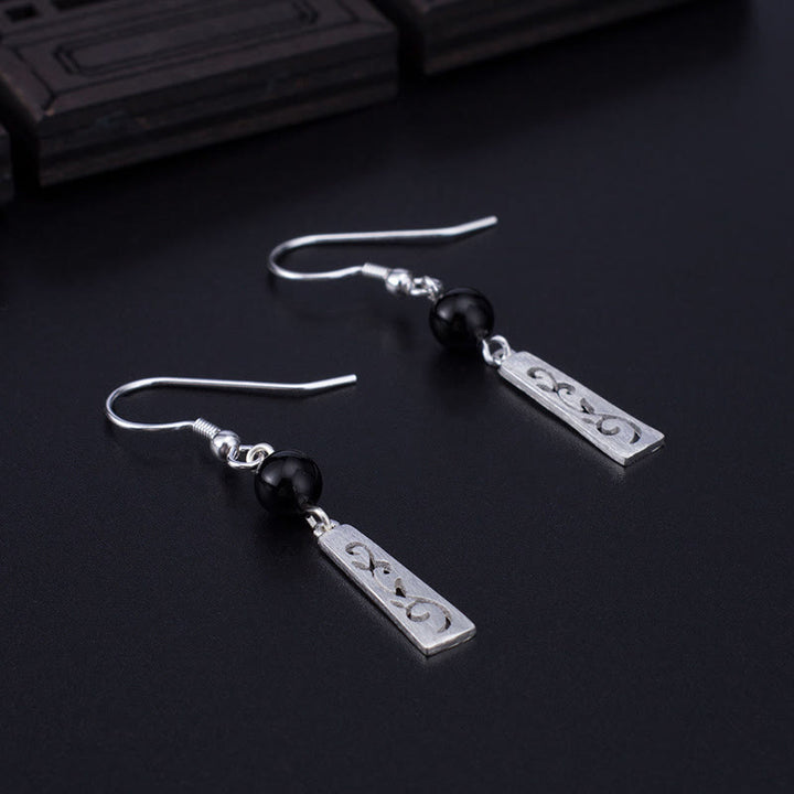 Buddha Stones 925 Sterling Silver Black Onyx Hollow Vine Protection Drop Earrings - image 1