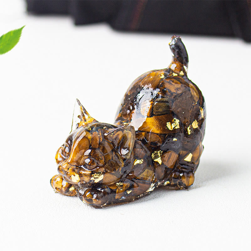 Buddha Stones Stretching Cat Resin Crystal Gravel Meditation Decoration - Tiger's Eye - 4.5*3*4.2cm - image 10