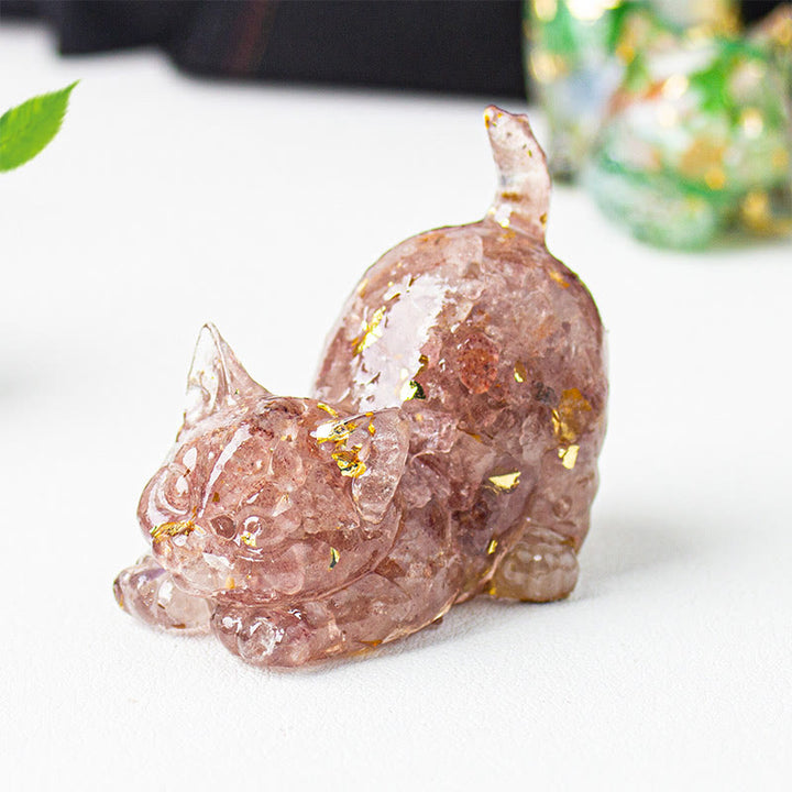 Buddha Stones Stretching Cat Resin Crystal Gravel Meditation Decoration - Strawberry Quartz - 4.5*3*4.2cm - image 26