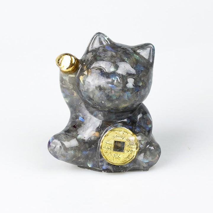 Buddha Stones Lucky Cat Copper Coin Turquoise Labradorite Pink Crystal Amethyst Strength Home Decoration - Labradorite - About 5.5*6*4cm - image 3