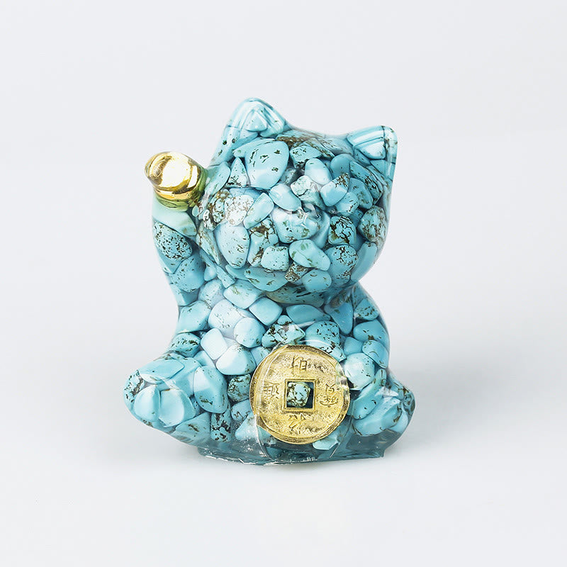 Buddha Stones Lucky Cat Copper Coin Turquoise Labradorite Pink Crystal Amethyst Strength Home Decoration - Turquoise - About 5.5*6*4cm - image 1
