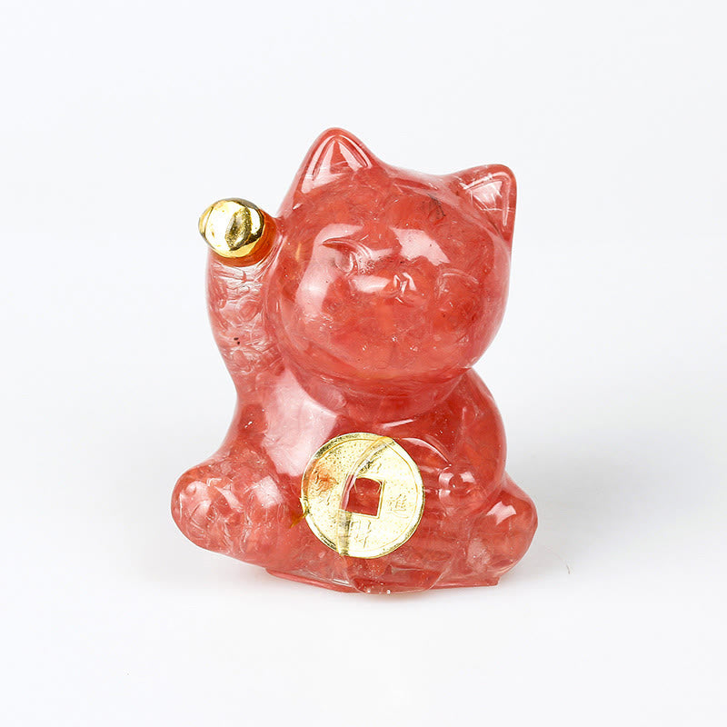 Buddha Stones Lucky Cat Copper Coin Turquoise Labradorite Pink Crystal Amethyst Strength Home Decoration - Red Quartz - About 5.5*6*4cm - image 9