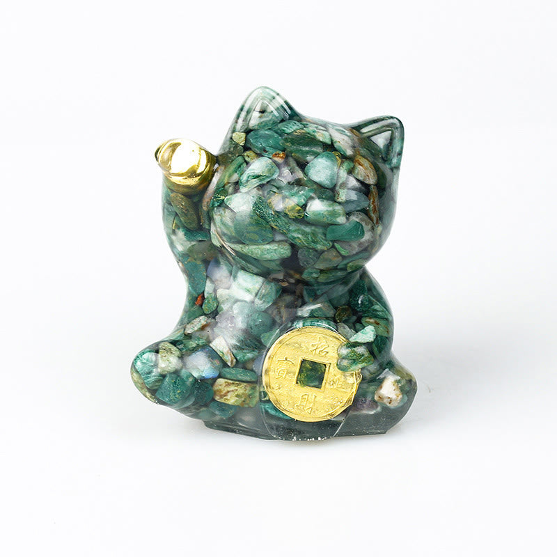 Buddha Stones Lucky Cat Copper Coin Turquoise Labradorite Pink Crystal Amethyst Strength Home Decoration - Green Agate - About 5.5*6*4cm - image 16