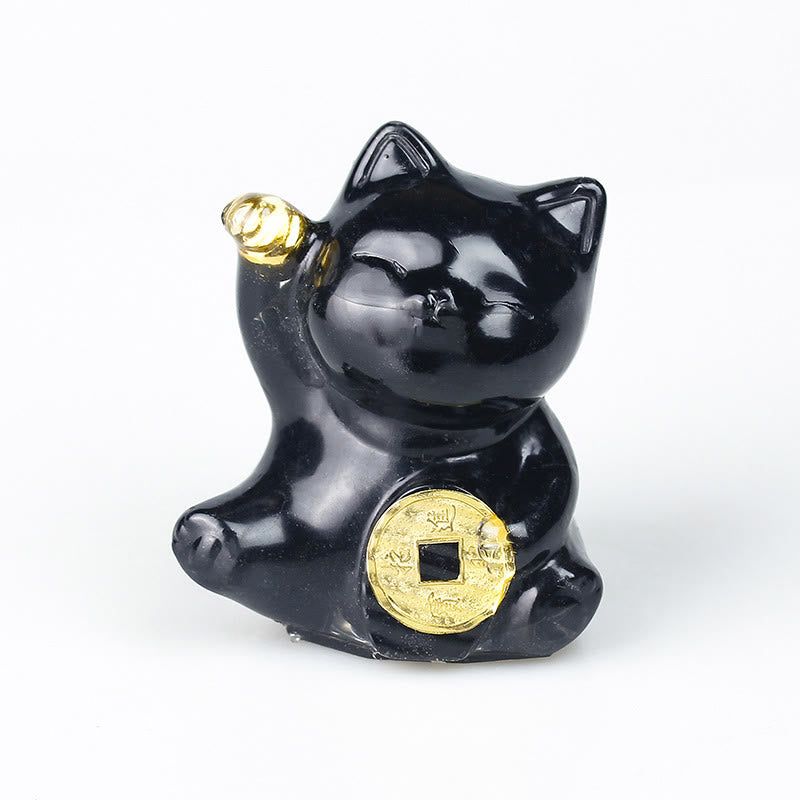 Buddha Stones Lucky Cat Copper Coin Turquoise Labradorite Pink Crystal Amethyst Strength Home Decoration - Black Obsidian - About 5.5*6*4cm - image 12