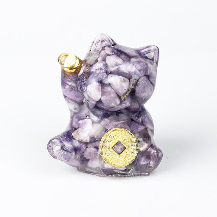 Buddha Stones Lucky Cat Copper Coin Turquoise Labradorite Pink Crystal Amethyst Strength Home Decoration - Lepidolite - About 5.5*6*4cm - image 21