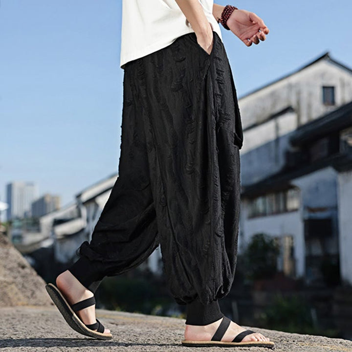 Buddha Stones Solid Color Hole Design Drawstring Cotton Men's Wide Leg Pants With Pockets - image 14