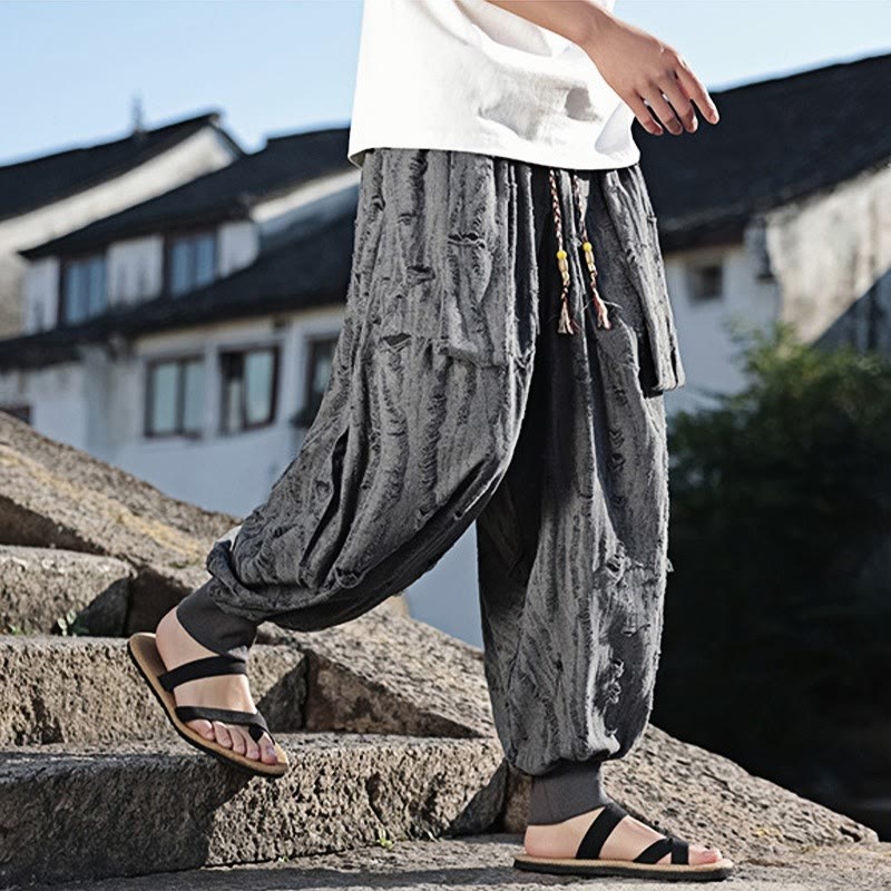 Buddha Stones Solid Color Hole Design Drawstring Cotton Men's Wide Leg Pants With Pockets - image 5