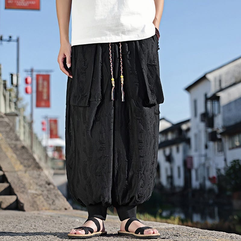 Buddha Stones Solid Color Hole Design Drawstring Cotton Men's Wide Leg Pants With Pockets - image 10
