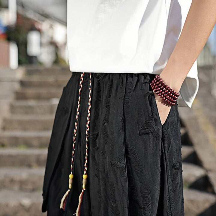 Buddha Stones Solid Color Hole Design Drawstring Cotton Men's Wide Leg Pants With Pockets - image 18