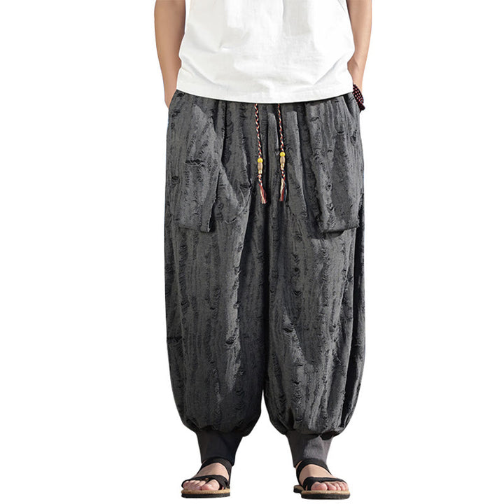 Buddha Stones Solid Color Hole Design Drawstring Cotton Men's Wide Leg Pants With Pockets - image 7